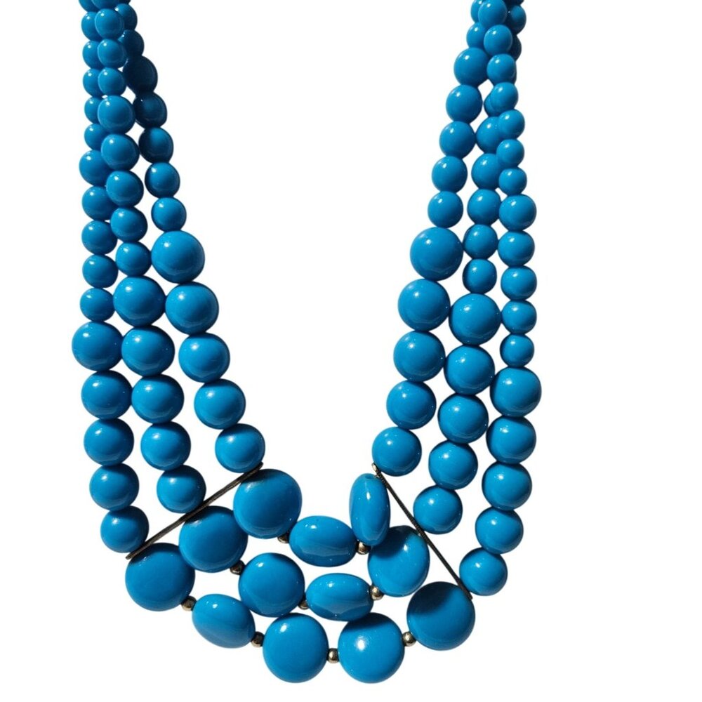 Vintage Chunky Blue Beaded Necklace Multi Strand Gold Tone Accents Retro Fashion